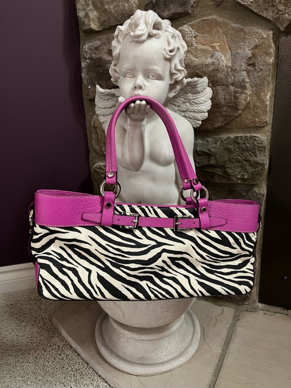 Adrienne Vittadini Zebra Print Shoulder Bag with Pink Trim